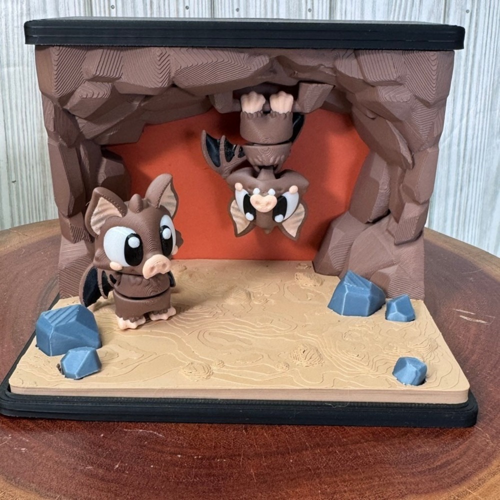 3D Printed Articulated Bat Cave Diorama Figure Set Brown Blue Orange